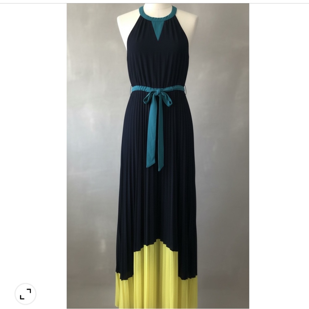 Max Studio Navy Maxi Dress with Teal Accents and Yellow Hem